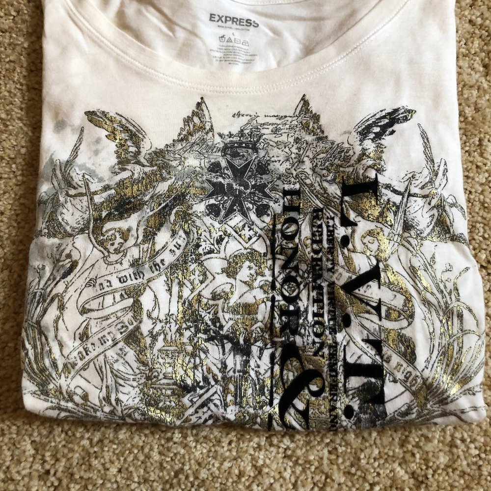 Express women's t-shirt, white, L.V.T.H.N., Liberty Valor Honor and Glory